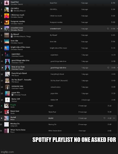 SPOTIFY PLAYLIST NO ONE ASKED FOR | made w/ Imgflip meme maker