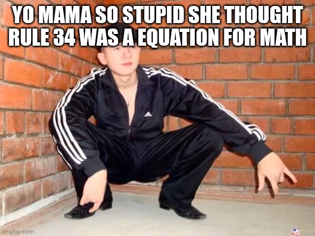 Slav Squat | YO MAMA SO STUPID SHE THOUGHT RULE 34 WAS A EQUATION FOR MATH | image tagged in slav squat | made w/ Imgflip meme maker