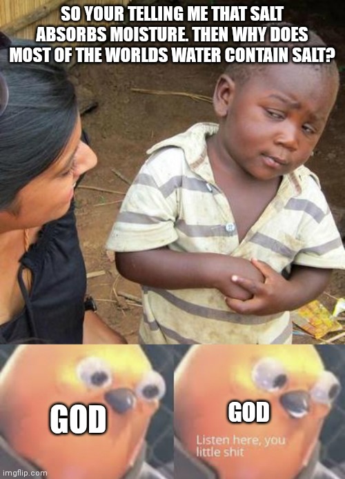 Hmmmm | SO YOUR TELLING ME THAT SALT ABSORBS MOISTURE. THEN WHY DOES MOST OF THE WORLDS WATER CONTAIN SALT? GOD; GOD | image tagged in memes,third world skeptical kid,listen here you little shit bird | made w/ Imgflip meme maker