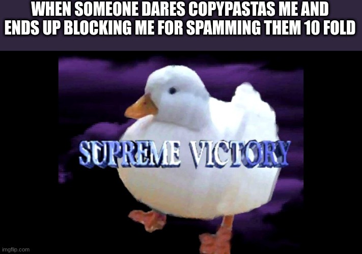 Supreme Victory Duck | WHEN SOMEONE DARES COPYPASTAS ME AND ENDS UP BLOCKING ME FOR SPAMMING THEM 10 FOLD | image tagged in supreme victory duck | made w/ Imgflip meme maker