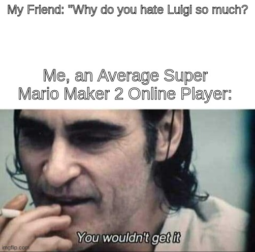 ;-; | My Friend: "Why do you hate Luigi so much? Me, an Average Super Mario Maker 2 Online Player: | image tagged in you wouldn't get it,super mario maker 2,luigi | made w/ Imgflip meme maker
