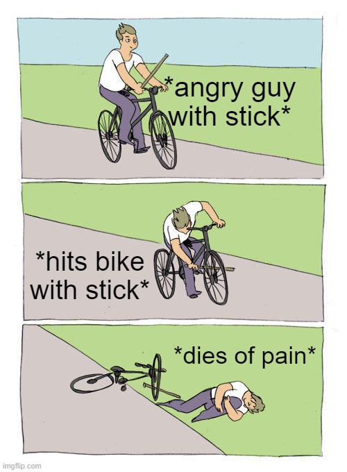 Bike Fall |  *angry guy with stick*; *hits bike with stick*; *dies of pain* | image tagged in funny | made w/ Imgflip meme maker