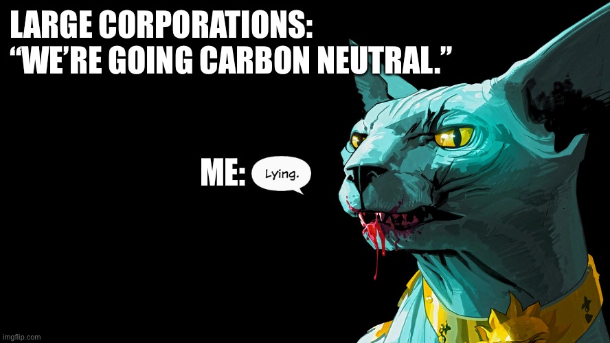 Lying Cat skeptical | LARGE CORPORATIONS: “WE’RE GOING CARBON NEUTRAL.”; ME: | image tagged in climate change | made w/ Imgflip meme maker