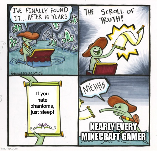 Go to Sleep | If you hate phantoms, just sleep! NEARLY EVERY MINECRAFT GAMER | image tagged in memes,the scroll of truth,lol,gaming | made w/ Imgflip meme maker
