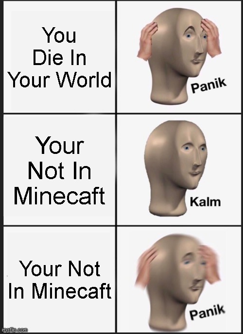 minecraft | You Die In Your World; Your Not In Minecaft; Your Not In Minecaft | image tagged in memes,panik kalm panik | made w/ Imgflip meme maker