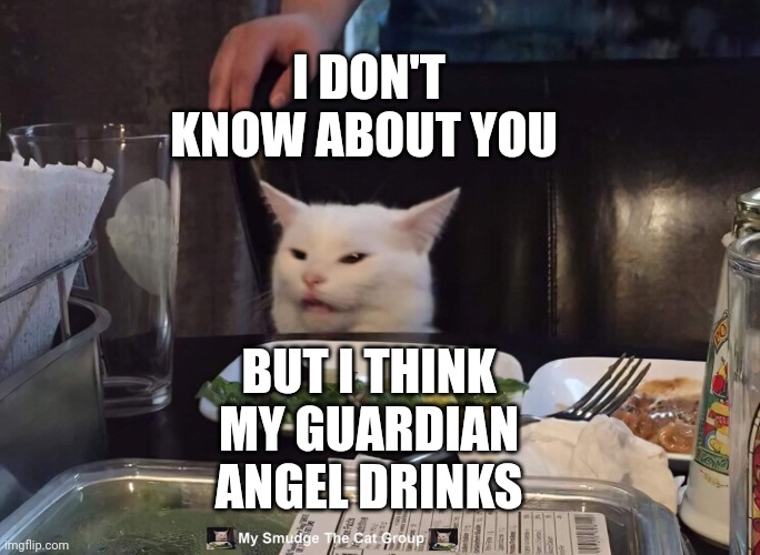 I DON'T KNOW ABOUT YOU; BUT I THINK MY GUARDIAN ANGEL DRINKS | image tagged in smudge the cat | made w/ Imgflip meme maker