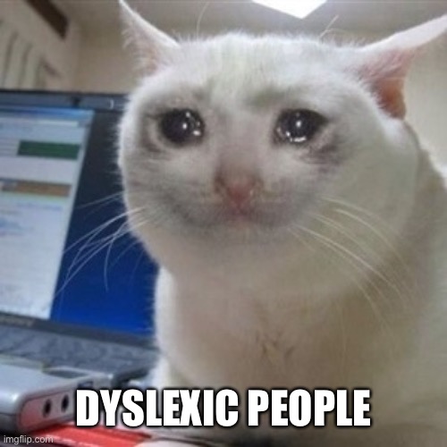 Crying cat | DYSLEXIC PEOPLE | image tagged in crying cat | made w/ Imgflip meme maker