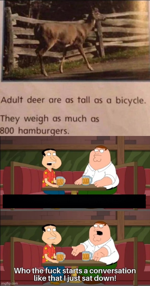 Conversation starter | image tagged in adult deer are as tall as a bicycle,who the f k starts a conversation like that i just sat down,deer,hamburgers | made w/ Imgflip meme maker