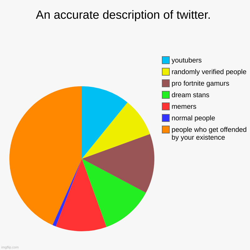 *Insert creative title here* | An accurate description of twitter. | people who get offended by your existence, normal people, memers, dream stans, pro fortnite gamurs, ra | image tagged in charts,pie charts | made w/ Imgflip chart maker