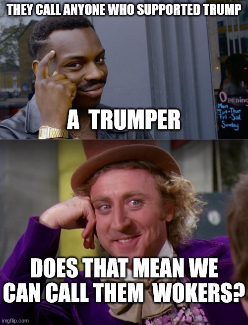 Both EQUALLY AS Gramatically  Incorrect as the  other | THEY CALL ANYONE WHO SUPPORTED TRUMP; A  TRUMPER; DOES THAT MEAN WE CAN CALL THEM  WOKERS? | image tagged in memes,roll safe think about it,woke,incoorect,donald trump,support trump | made w/ Imgflip meme maker