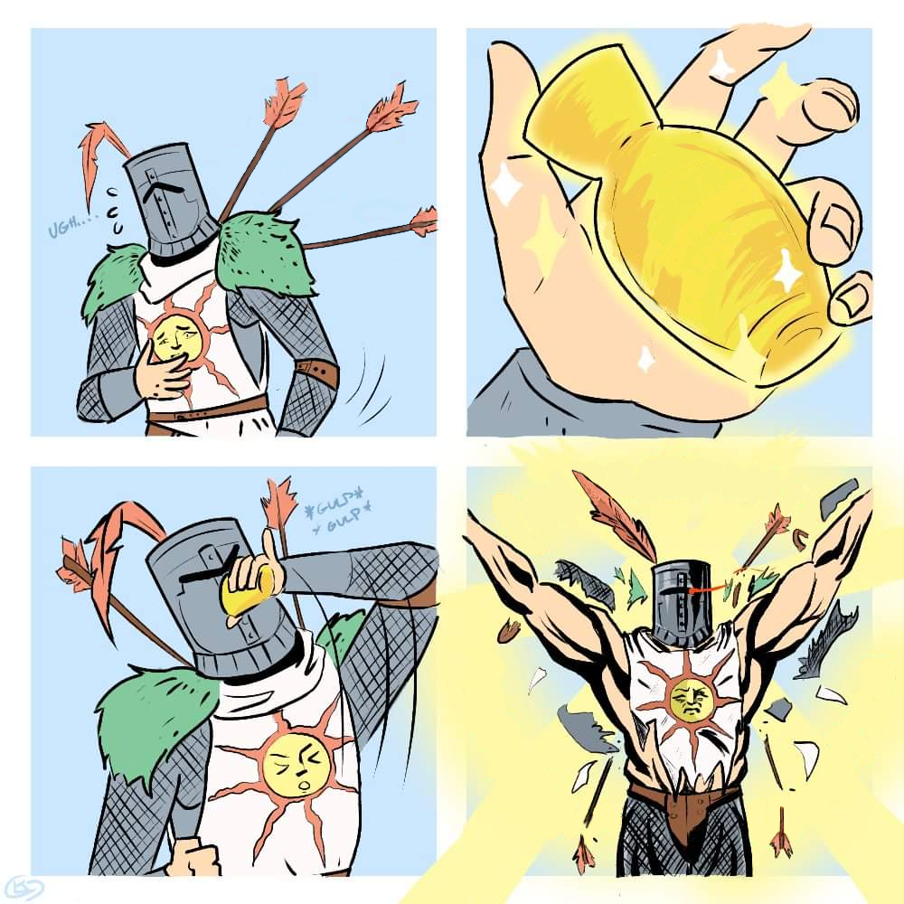 Knight drinking potion to overcome damage Blank Meme Template