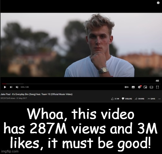 Why? Youtube, Why? | Whoa, this video has 287M views and 3M likes, it must be good! | image tagged in memes,dislikes | made w/ Imgflip meme maker