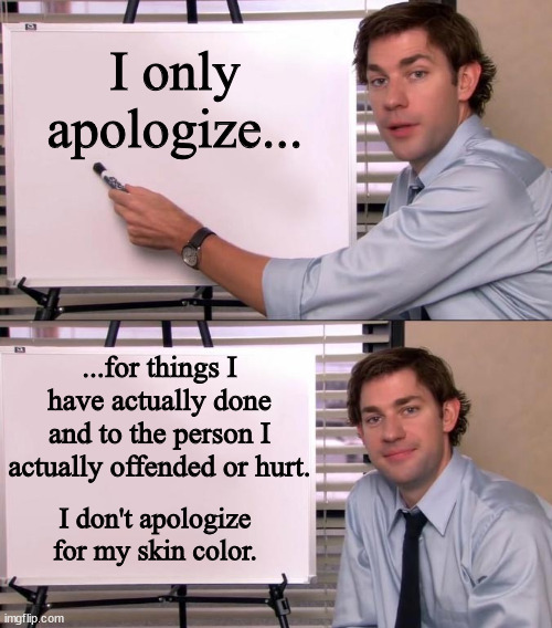 Jim Halpert Explains | I only apologize... ...for things I have actually done and to the person I actually offended or hurt. I don't apologize for my skin color. | image tagged in jim halpert explains | made w/ Imgflip meme maker