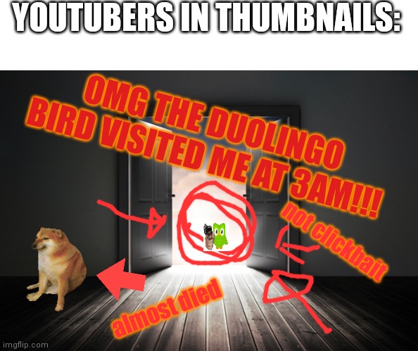 Open door | YOUTUBERS IN THUMBNAILS:; OMG THE DUOLINGO BIRD VISITED ME AT 3AM!!! not clickbait; almost died | image tagged in open door,oh wow are you actually reading these tags,funny,memes,duolingo gun,duolingo bird | made w/ Imgflip meme maker