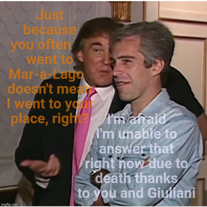 Birds of a feather pluck together | Just because
you often     
went to Mar-a-Lago  
doesn't mean
I went to your
place, right? I'm afraid I'm unable to answer that right now due to death thanks to you and Giuliani | image tagged in trump epstein,mar a lago,epstein island,lolita express,jeffrey epstein,donald trump | made w/ Imgflip meme maker