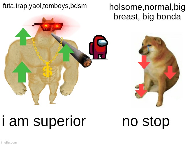 Buff Doge vs. Cheems Meme | futa,trap,yaoi,tomboys,bdsm; holsome,normal,big breast, big bonda; i am superior; no stop | image tagged in memes,buff doge vs cheems | made w/ Imgflip meme maker