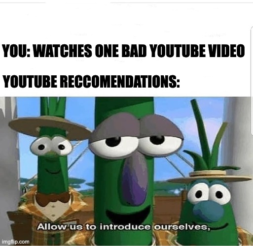 YouTube why | YOU: WATCHES ONE BAD YOUTUBE VIDEO; YOUTUBE RECCOMENDATIONS: | image tagged in allow us to introduce ourselves,youtube | made w/ Imgflip meme maker