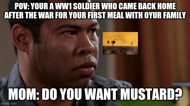 Pls no | POV: YOUR A WW1 SOLDIER WHO CAME BACK HOME AFTER THE WAR FOR YOUR FIRST MEAL WITH OYUR FAMILY; MOM: DO YOU WANT MUSTARD? | image tagged in sweating bullets,ww1 | made w/ Imgflip meme maker