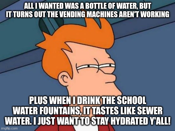 School Water | ALL I WANTED WAS A BOTTLE OF WATER, BUT IT TURNS OUT THE VENDING MACHINES AREN'T WORKING; PLUS WHEN I DRINK THE SCHOOL WATER FOUNTAINS, IT TASTES LIKE SEWER WATER. I JUST WANT TO STAY HYDRATED Y'ALL! | image tagged in memes,futurama fry,school,water | made w/ Imgflip meme maker