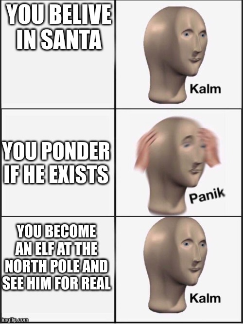 december 1, accept | YOU BELIVE IN SANTA; YOU PONDER IF HE EXISTS; YOU BECOME AN ELF AT THE NORTH POLE AND SEE HIM FOR REAL | image tagged in kalm panik kalm,december,santa claus,elf | made w/ Imgflip meme maker
