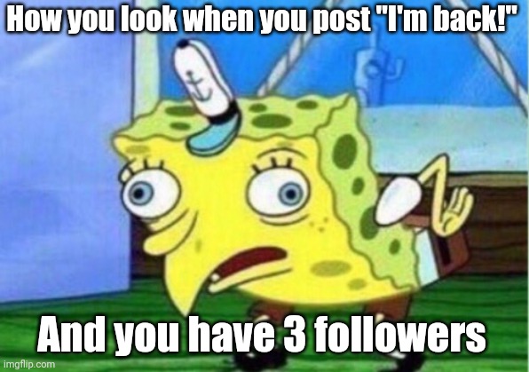 Mocking Spongebob | How you look when you post "I'm back!"; And you have 3 followers | image tagged in memes,mocking spongebob | made w/ Imgflip meme maker