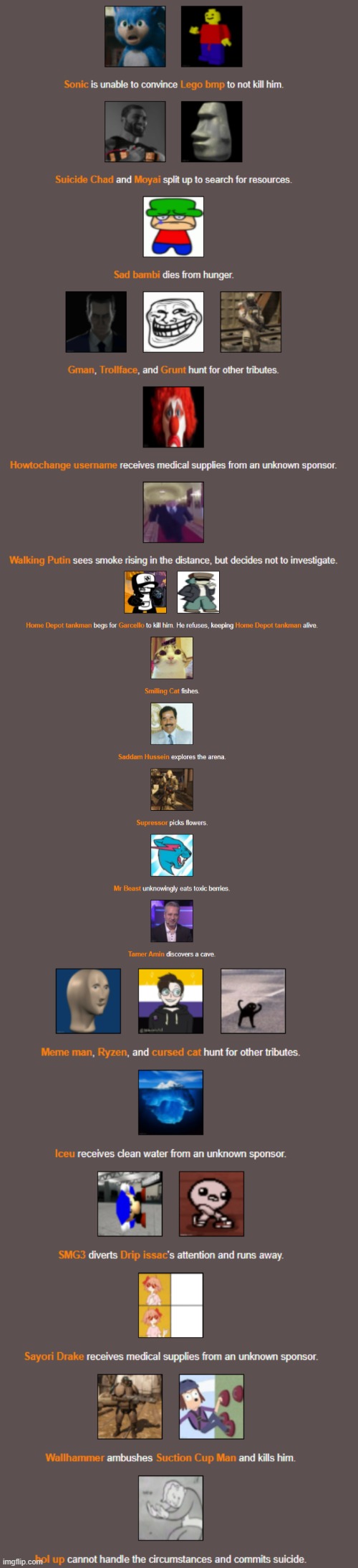 Fallout suicide, Wallhammer hammers suction cup man, صدام يجد حلبة, Trollface is playing doom music and Bambi decides to starve | made w/ Imgflip meme maker
