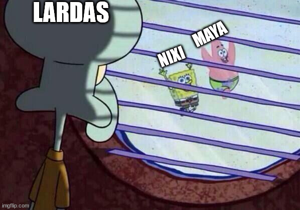 Squidward window | LARDAS; MAYA; NIXI | image tagged in squidward window | made w/ Imgflip meme maker