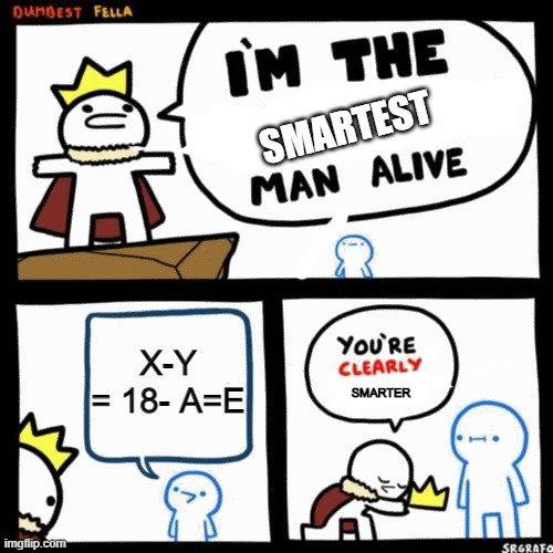 s m a r t | SMARTEST; X-Y = 18- A=E; SMARTER | image tagged in smart | made w/ Imgflip meme maker