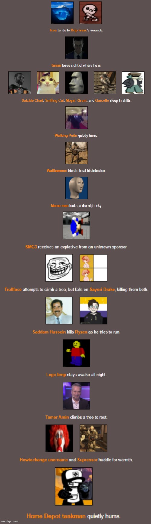 Tankman hums while الحسين قتل شخصاً للتو, trollface falls on a girl, smg3 reciving a bomb and gman getting lost | made w/ Imgflip meme maker