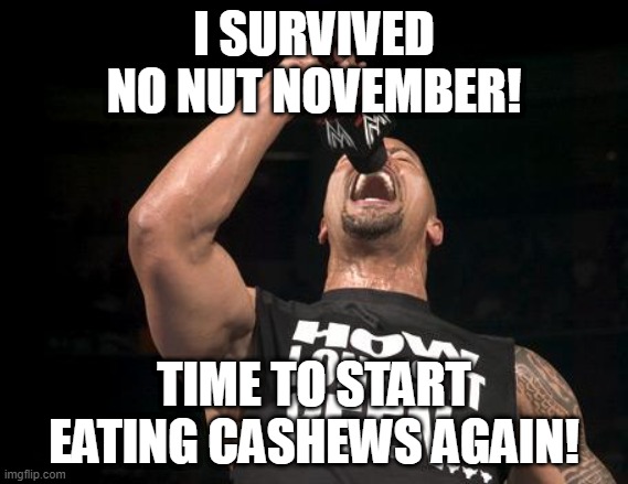 oh cmon i technically won it... right?... anyone? | I SURVIVED NO NUT NOVEMBER! TIME TO START EATING CASHEWS AGAIN! | image tagged in the rock finally | made w/ Imgflip meme maker