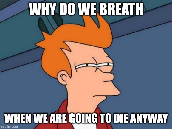..,.. | WHY DO WE BREATH; WHEN WE ARE GOING TO DIE ANYWAY | image tagged in memes,futurama fry | made w/ Imgflip meme maker