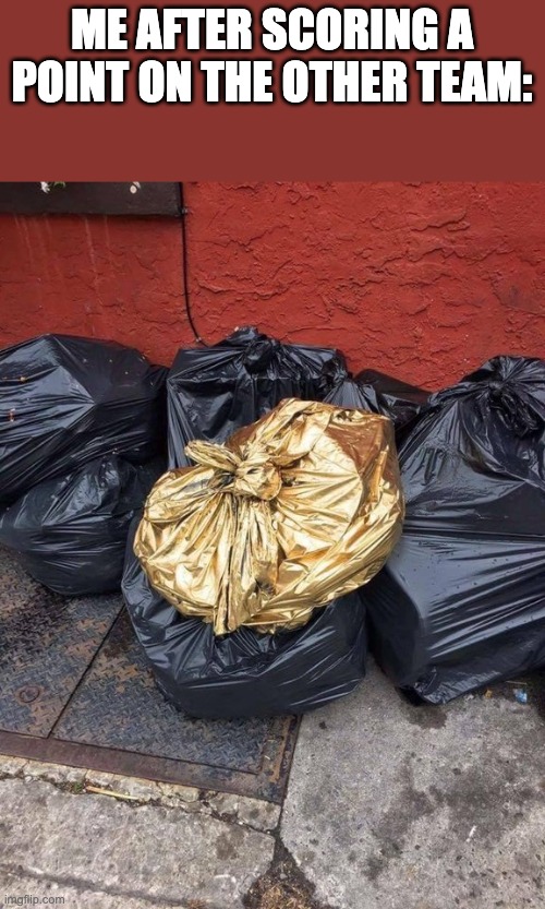 I am the golden trash | ME AFTER SCORING A POINT ON THE OTHER TEAM: | image tagged in golden trash bag | made w/ Imgflip meme maker