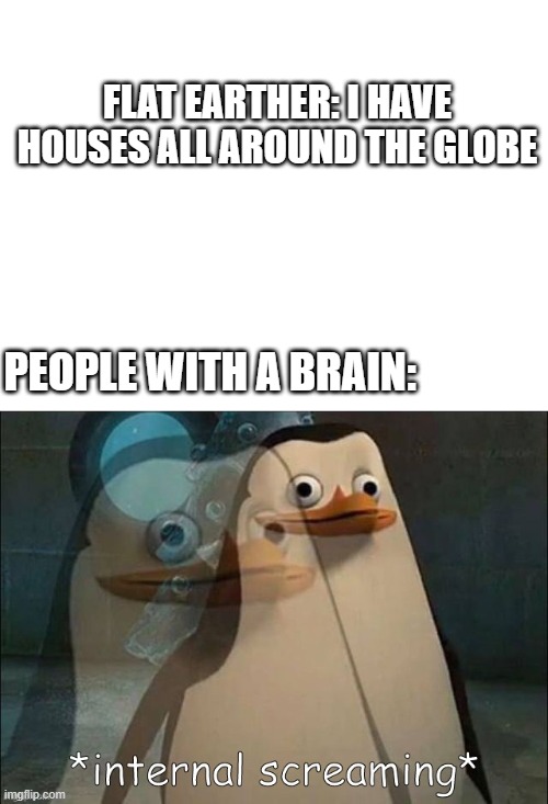 I didnt get any ideas :( | FLAT EARTHER: I HAVE HOUSES ALL AROUND THE GLOBE; PEOPLE WITH A BRAIN: | image tagged in blank white template,private internal screaming | made w/ Imgflip meme maker