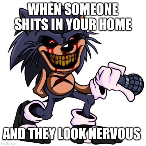 SHIT EATER SONIC | WHEN SOMEONE SHITS IN YOUR HOME; AND THEY LOOK NERVOUS | image tagged in shit eater sonic | made w/ Imgflip meme maker