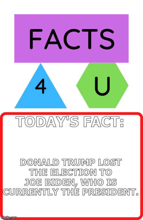 12/1 Fact | TODAY'S FACT:; DONALD TRUMP LOST THE ELECTION TO JOE BIDEN, WHO IS CURRENTLY THE PRESIDENT. | image tagged in fax 4 u | made w/ Imgflip meme maker
