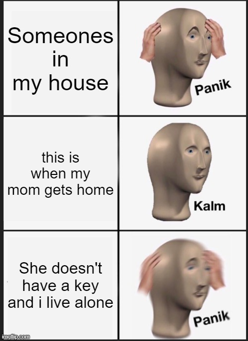 I couldn't think of a title | Someones in my house; this is when my mom gets home; She doesn't have a key and i live alone | image tagged in memes,panik kalm panik | made w/ Imgflip meme maker