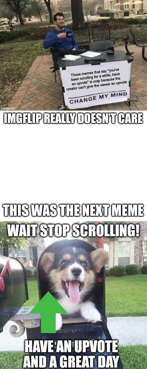 *clever title* | IMGFLIP REALLY DOESN’T CARE; THIS WAS THE NEXT MEME | image tagged in blank white template | made w/ Imgflip meme maker