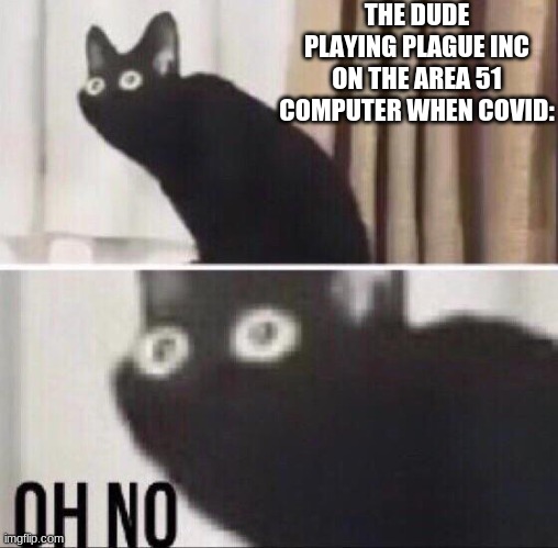 Oh no cat | THE DUDE PLAYING PLAGUE INC ON THE AREA 51 COMPUTER WHEN COVID: | image tagged in oh no cat | made w/ Imgflip meme maker