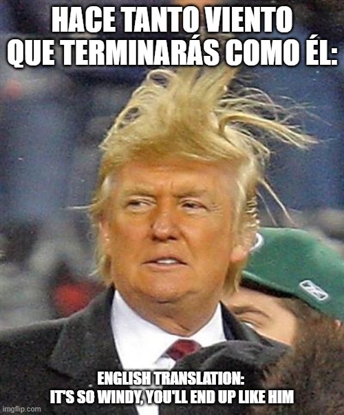 Windy Trump | HACE TANTO VIENTO QUE TERMINARÁS COMO ÉL:; ENGLISH TRANSLATION: 
IT'S SO WINDY, YOU'LL END UP LIKE HIM | image tagged in windy trump | made w/ Imgflip meme maker