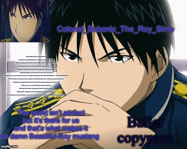 Yall should know him by now | Roy Mustang is the very picture of an attractive, sophisticated man in the prime of life. With his dark, piercing eyes and clean-shaven, baby-faced visage, the infamous colonel attracts a great deal of attention from admirers. Roy's dark hair - perhaps in keeping with his persona - is worn casually unkempt, falling over his eyes; in more formal or somber situations, however, he is known to wear it neatly slicked back. He is also DEAD SEXY... IN A MINI SKIRT!!!!

On the surface, Roy seems to be a shallow and self-absorbed man, infamous among many of his colleagues and subordinates alike for the selfish and narcissistic aura he gives off.
At the core, he is a remarkably devoted commander whose primary focus and personal duty is to his friends and subordinates. Though he hides it well behind a veil of cynicism and self-importance, Roy Mustang is a man who cares deeply about the people who trust and support him; Baller copypasa | image tagged in yall should know him by now | made w/ Imgflip meme maker
