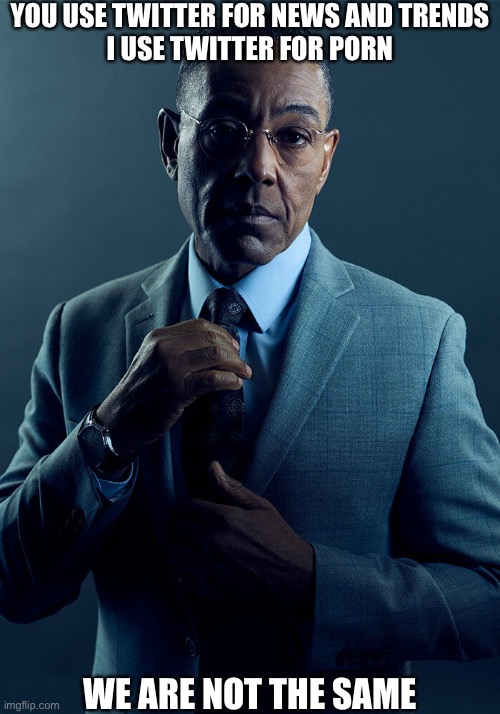 Gus Fring we are not the same | YOU USE TWITTER FOR NEWS AND TRENDS
I USE TWITTER FOR PORN; WE ARE NOT THE SAME | image tagged in gus fring we are not the same | made w/ Imgflip meme maker