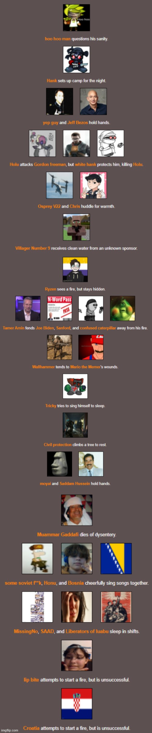 Soviet-Bosnian Songs, Gaddafi dies, The natives and the iraqis get along, Tamer decides to fend and a Furry dies | made w/ Imgflip meme maker