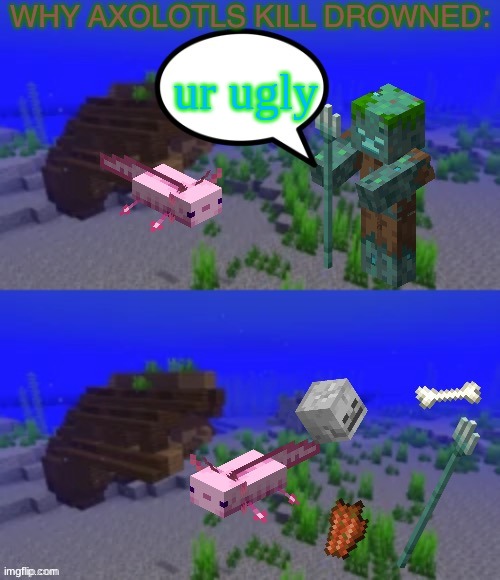 there cute | ur ugly | image tagged in why axolotls kill drowned | made w/ Imgflip meme maker