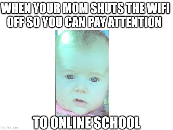 Bruh | WHEN YOUR MOM SHUTS THE WIFI OFF SO YOU CAN PAY ATTENTION; TO ONLINE SCHOOL | image tagged in blank white template | made w/ Imgflip meme maker