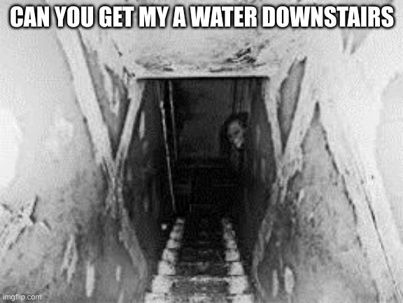 please bring me a water downstairs | CAN YOU GET MY A WATER DOWNSTAIRS | image tagged in creepy thing in the basement | made w/ Imgflip meme maker