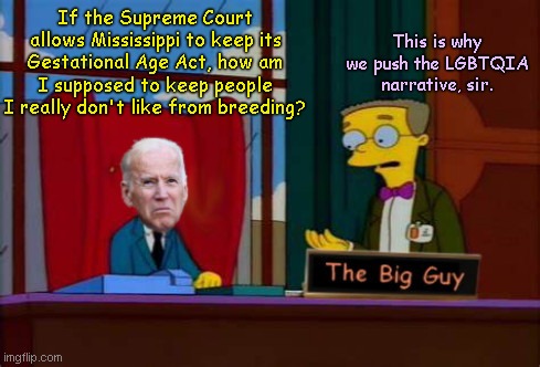 Smithers and the Big Guy | This is why we push the LGBTQIA narrative, sir. If the Supreme Court allows Mississippi to keep its Gestational Age Act, how am I supposed to keep people I really don't like from breeding? | image tagged in joe biden,abortion,supreme court,the simpsons,mr burns,liberal logic | made w/ Imgflip meme maker