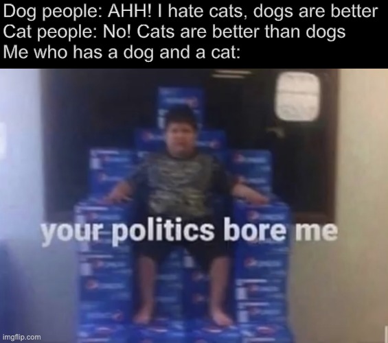 ? | Dog people: AHH! I hate cats, dogs are better 
Cat people: No! Cats are better than dogs
Me who has a dog and a cat: | image tagged in your politics bore me | made w/ Imgflip meme maker