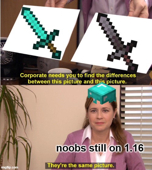 idk i had 7 mins to make | noobs still on 1.16 | image tagged in memes,they're the same picture | made w/ Imgflip meme maker