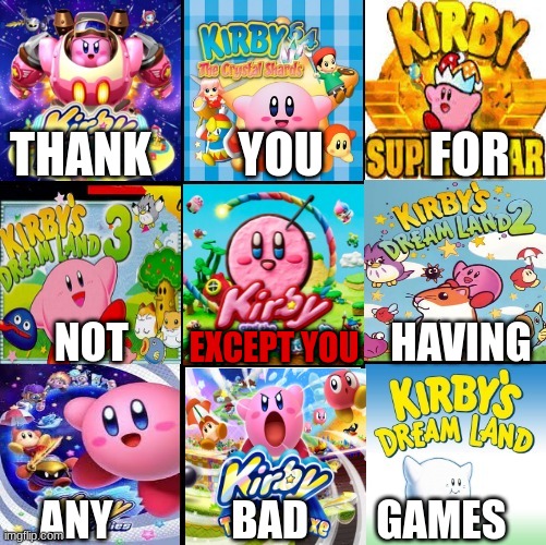  THANK         YOU           FOR; NOT                               HAVING; EXCEPT YOU; ANY              BAD        GAMES | image tagged in kirby,thank you,kirby has found your sin unforgivable,kirby's calling the police,kirby holding a sign,pissed off kirby | made w/ Imgflip meme maker