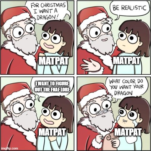 For Christmas I Want a Dragon | MATPAT; MATPAT; I WANT TO FIGURE OUT THE FNAF LORE; MATPAT; MATPAT | image tagged in for christmas i want a dragon | made w/ Imgflip meme maker